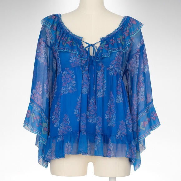Johnny Was Blue Floral Gal Ruffle Blouse L NWT - Picture 1 of 4